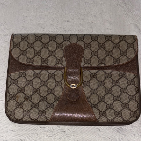 Vintage Authentic Gucci Tan & Brown Monogram Clutch **Missing Crossbody Strap** - Picture 1 of 15